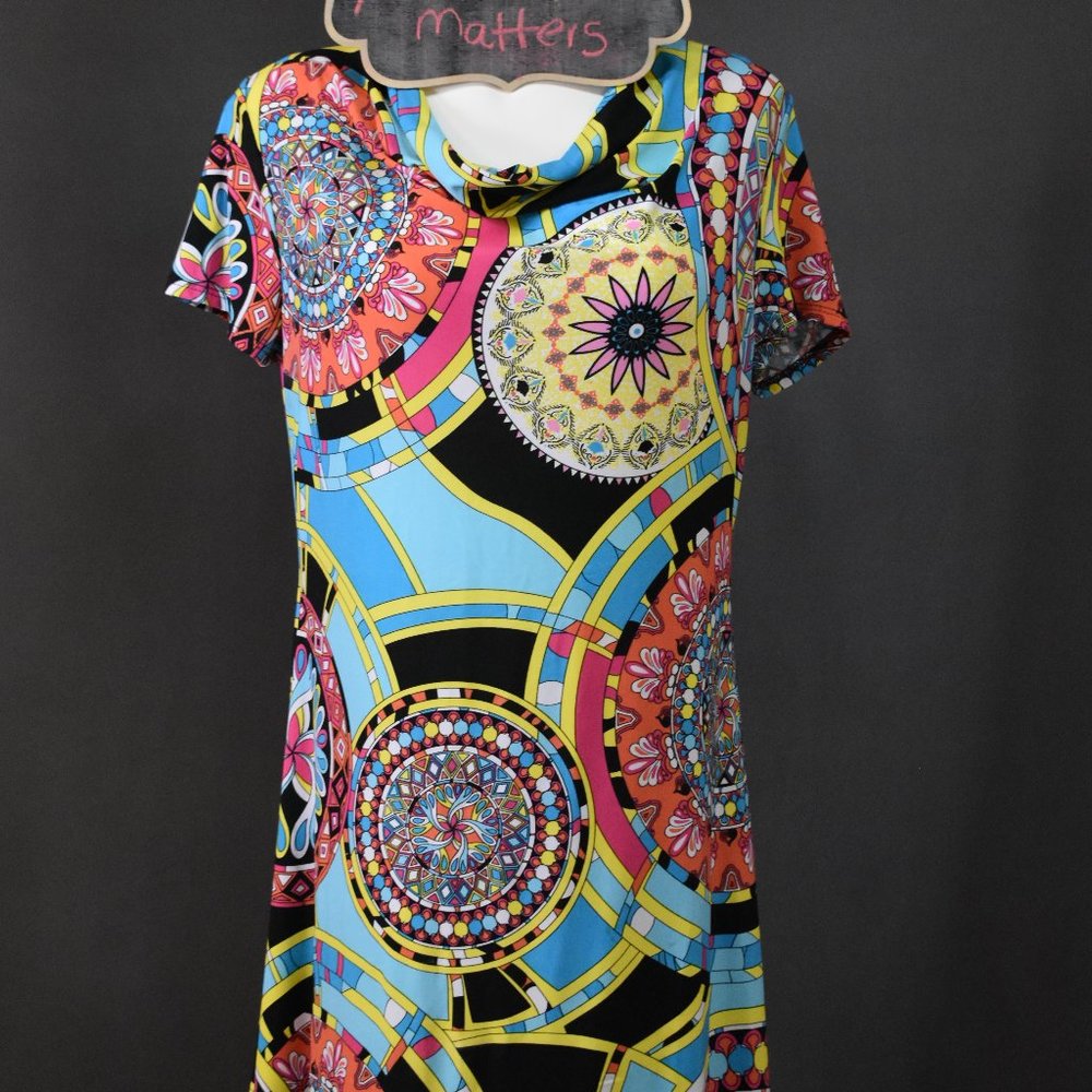 Sunny Taylor Retro 60s Mod Print Dress - Colorful Boho Midi - Medium